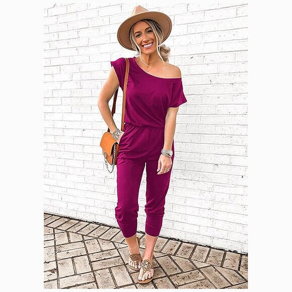 Women's Loose Solid Off Shoulder Elastic Waist Stretchy Purple - Picture 2 of 5